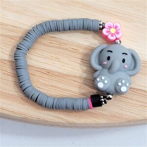 Hand Crafted Gray Elephant Kids Bracelet Clay Beaded Stretch Approx Size 6"